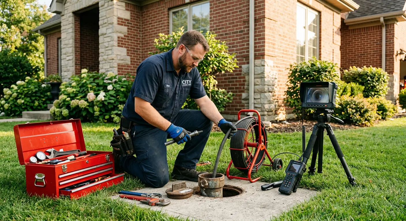 Sewer specialist with camera equipment servicing a cleanout in Florida Gulf Coast University