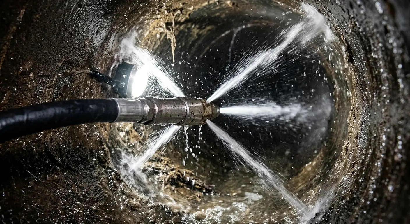 High-pressure hydro jetting nozzle cleaning sewer pipe for Trenchless Sewer Repair in Florida Gulf Coast University