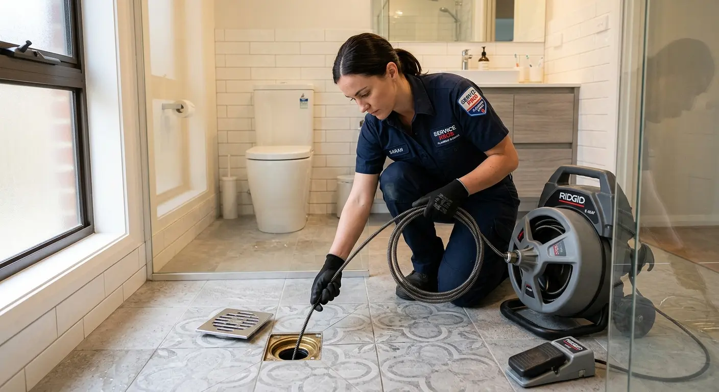 Technician clearing a bathroom floor drain for Drain Cleaning in Florida Gulf Coast University